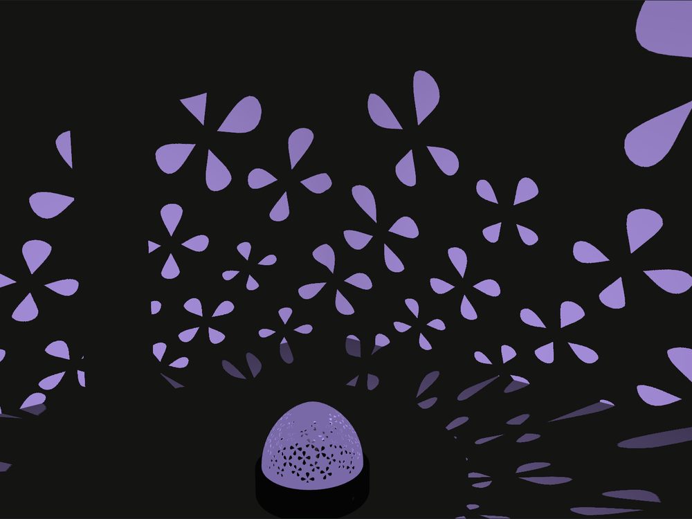 Hydrangea petal shadows thrown across a dark room by a small dome lamp