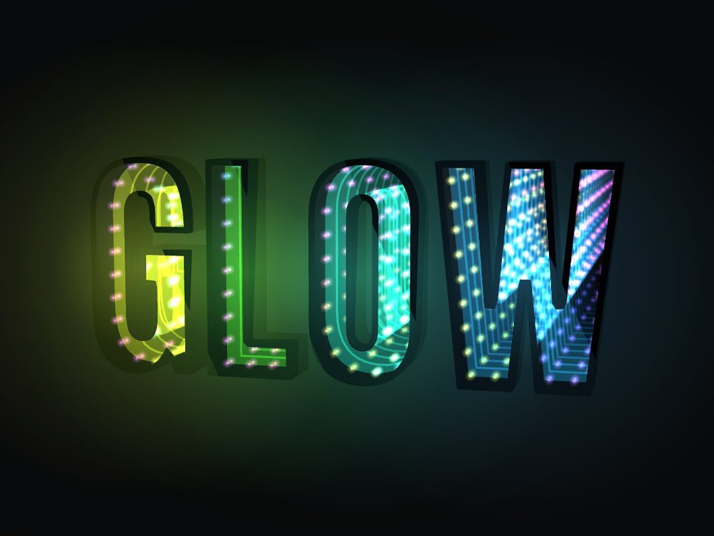 The word GLOW in infinity mirror letters, each letter a tunnel of rainbow LEDs