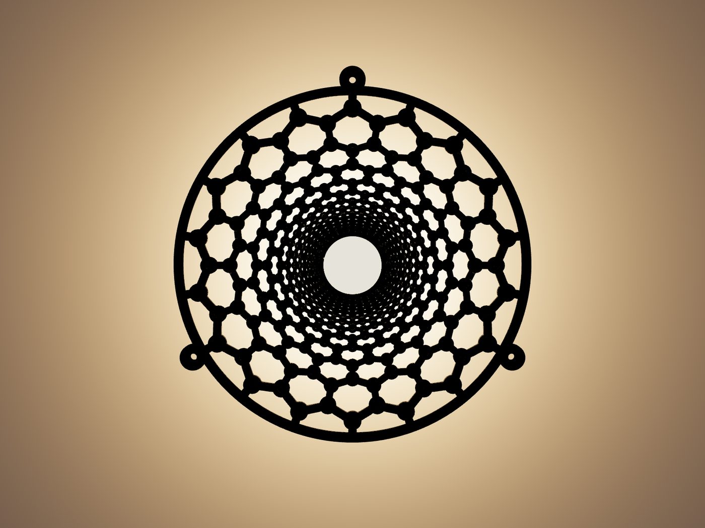 A round black wall light that looks like a honeycomb tunnel going deep into the wall, glowing at the far end